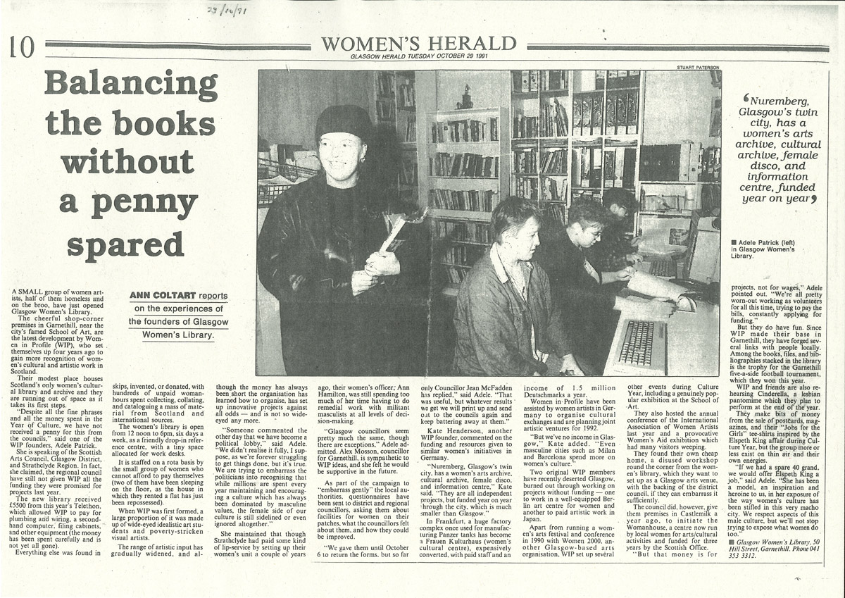 fig. 3. Ann Coltart, Adele Patrick (left) in an article “Balancing the books without a penny spared” about Glasgow Women’s Library,  Glasgow Herald, 29 October 1991. Courtesy of Glasgow Women’s Library Archive and Special Collections.