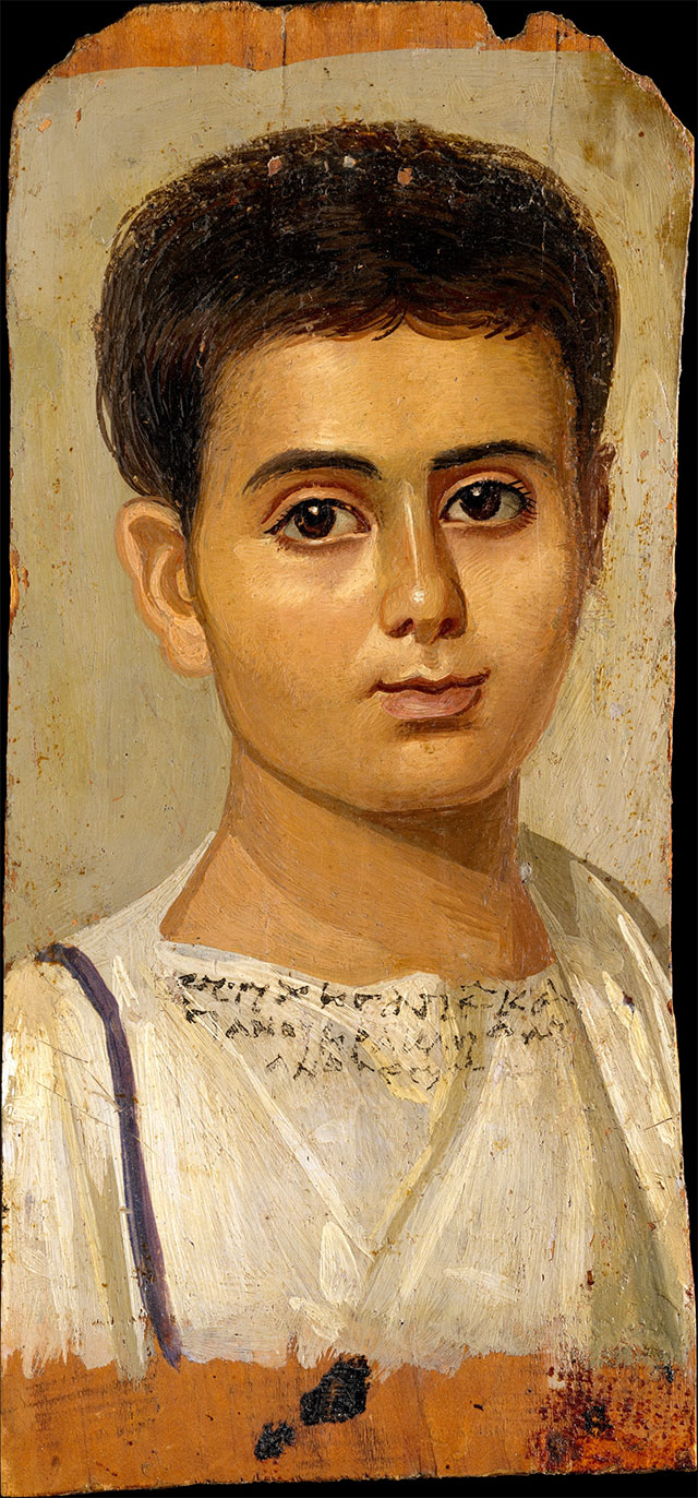 Portrait of the Boy Eutyches, encaustic on wood,  38x19 cm.,  A.D. 100–150, collection of  Metropolitan Museum, NY
