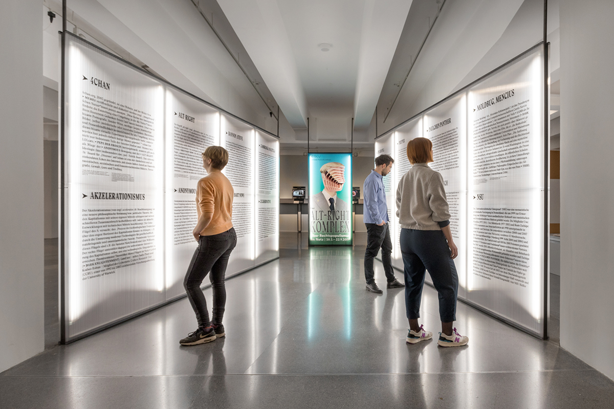 Glossary in the entrance area of the exhibition The Alt-Right Complex, On Right-Wing Populism Online,  HMKV in the Dortmunder U, 30.3. – 22.9.2019. Photo: Hannes Woidich