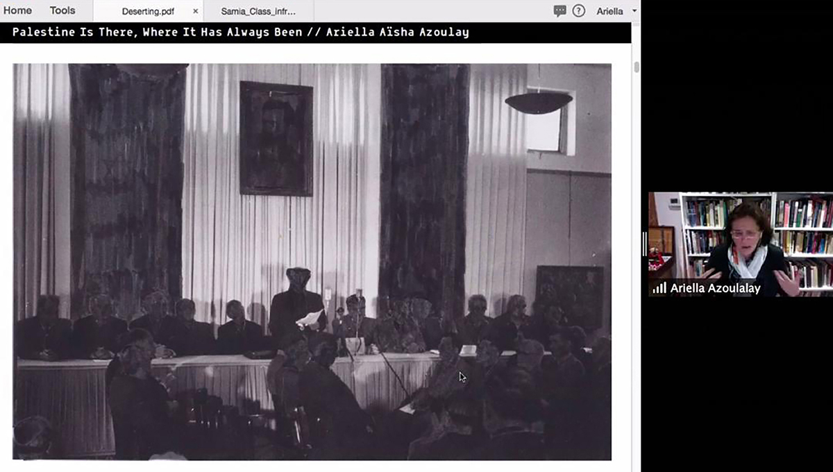 Fig. 17: Ariella Aisha Azoulay's Cornell presentation from 2020 with blacked-out faces of the proclamation of the state of Israel.