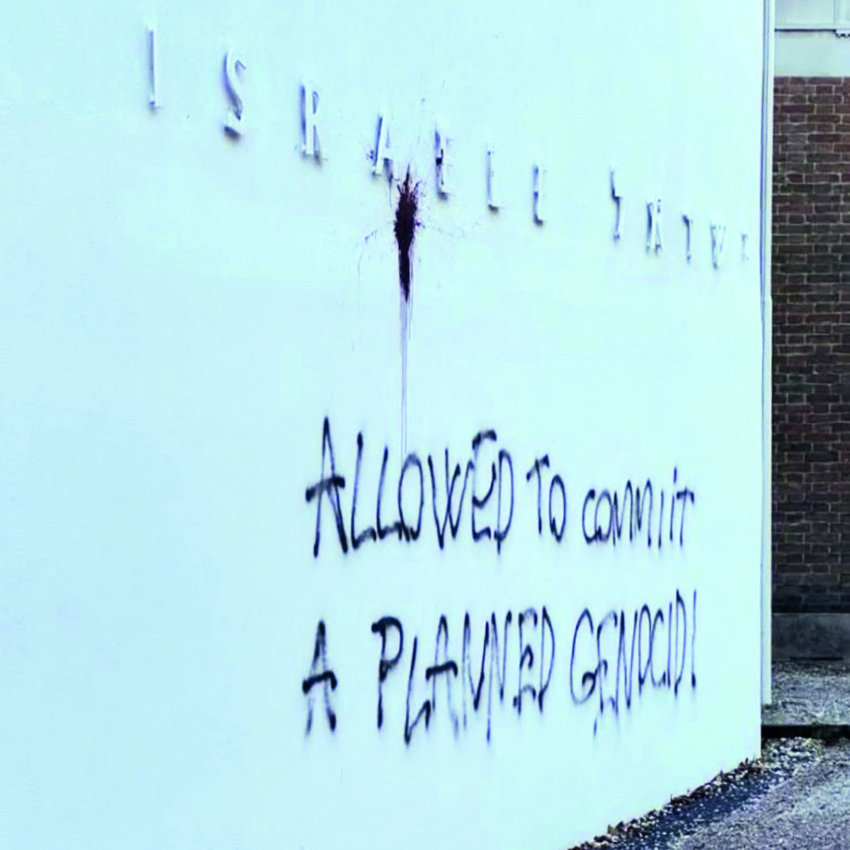 figs. 5:  Anti-Israel agitation during the Venice Architecture Biennale 2023 included a graffiti attack on the Israeli pavilion.