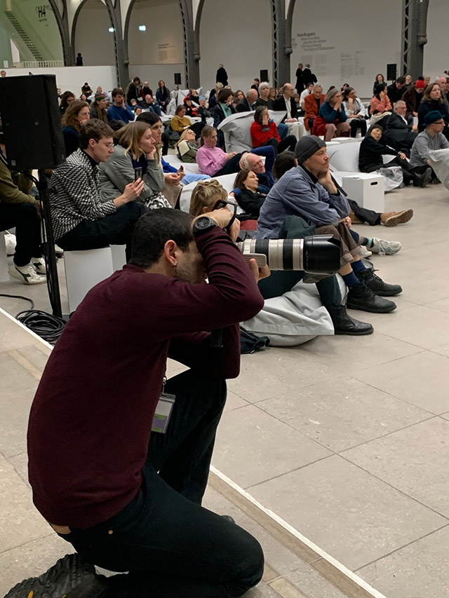 Reading of Hannah Arendt by Tania Bruguera, Where Your Ideas Become Civic Actions (100 Hours Reading  “The Origins of Totalitarianism”), Hamburger Bahnhof, Berlin, before the disruption.