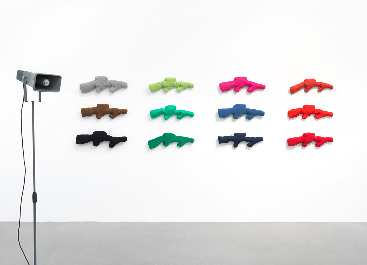 Michaela Melián, Tania, Sound installation, 2022 and Mossberg Model Bullpup, 1992:  Installation view, Kindl – Centre for Contemporary Art Berlin, 2022. Photograph by Jens Ziehe.