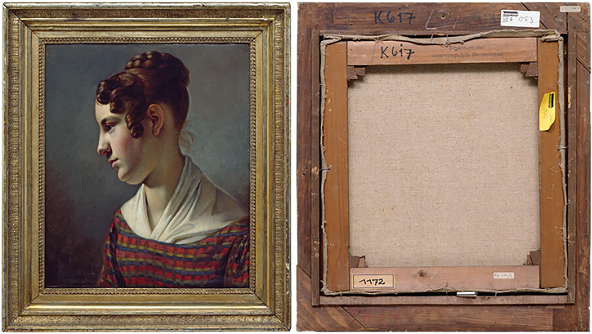 Recto and verso of Theodor Leopold Weller’s Portrait of a Girl, c. 1820, as shown in Eichhorn’s exhibition Restitution Policy at the Lenbachhaus in Munich, 2003.5