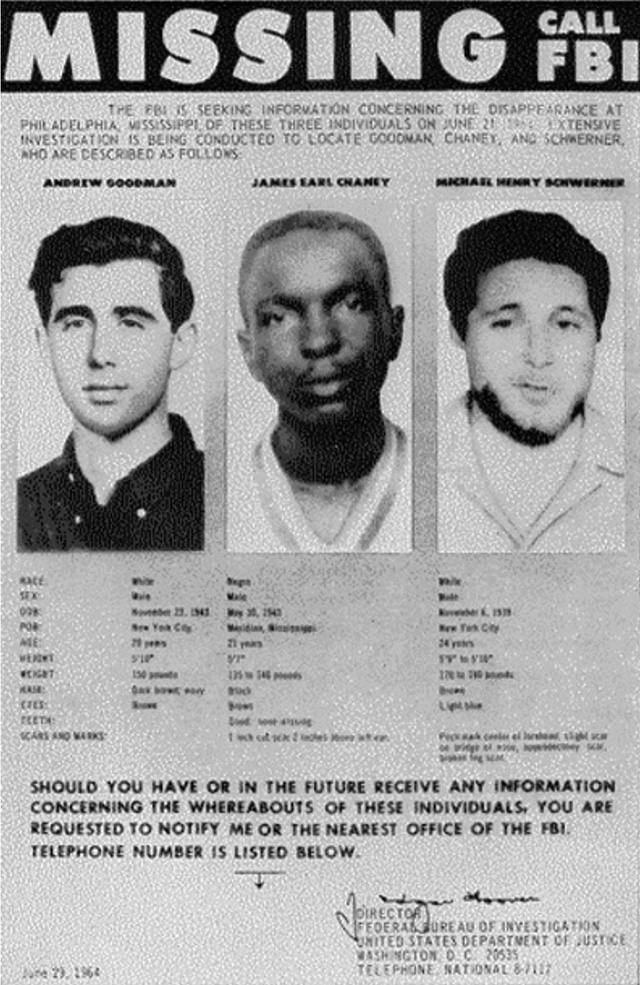 A wanted poster with photographs  of the missing men (from left to right): Andrew Goodman, James Earl Chaney and Michael Schwerner, 29 June 1964. (Source: Public Domain. FBI).