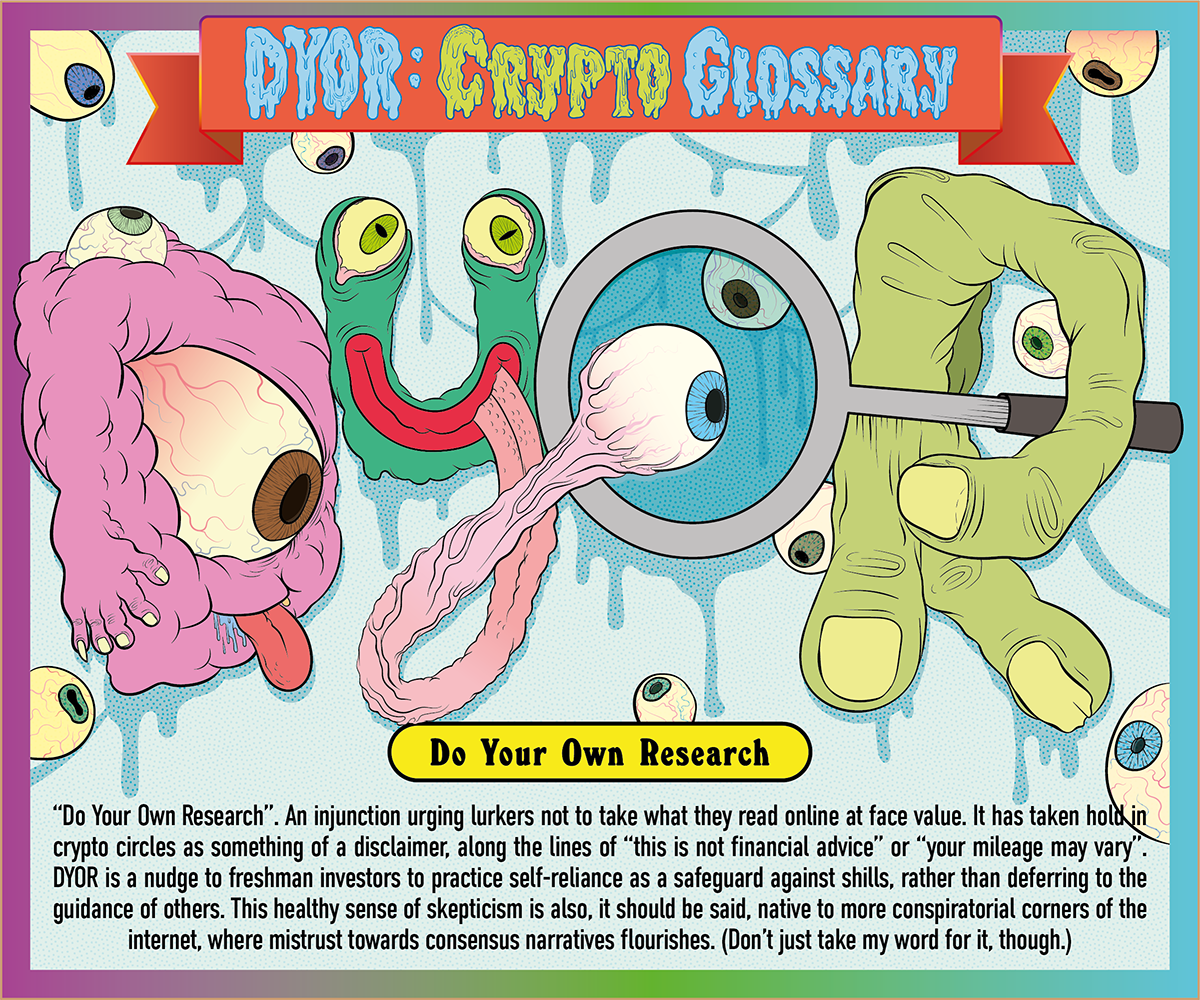 DYOR—Card from DYOR: Crypto Glossary by Moxarra Gonzales & Adina Glickstein.  Developed for the exhibition DYOR in collaboration with Spike Art Magazine.