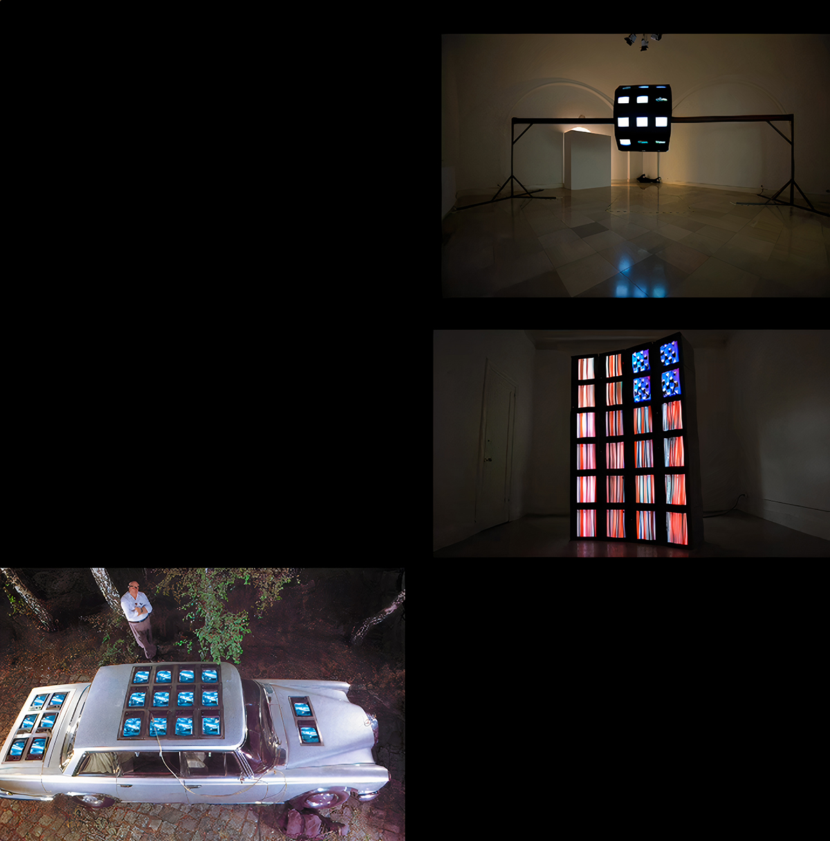 Exhibition view of PARADOXICAL OBJECTS—Video Sculpture Art from 1960 to Today, 2018,  curated by Sue Bachmeier and Peggy Schoenegge (online), on view: Frank Balve, Bainbridge Benton and Wolf Vostell.  Photograph by Peggy Schoenegge © peer to space