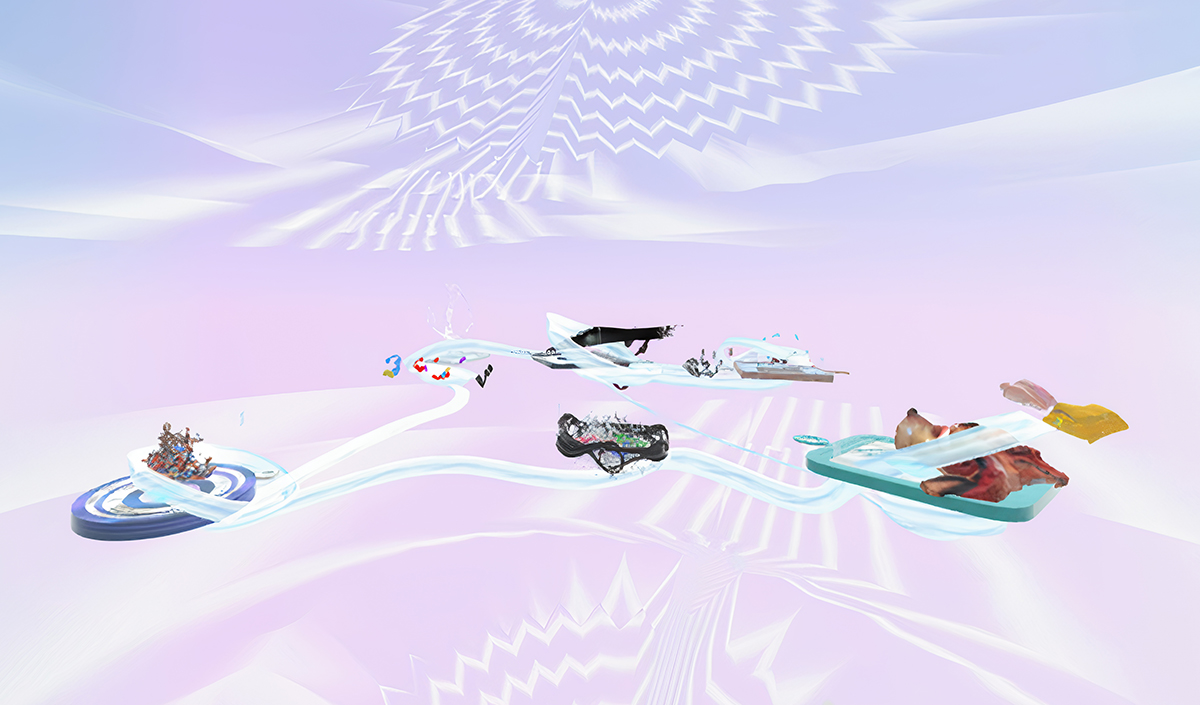 Exhibition view of (IM)MATERIAL MATTER, 2021–2024, curated by Peggy Schoenegge on Mozilla Hubs (online), on view:  Banz & Bowinkel, Entangled Others (Sofia Crespo and Feileacan McCormick), Mohsen Hazrati, Armin Keplinger, Nadine Kolodziey, Lauren Moffatt, Chiara Passa, Sabrina Ratté, and Dagmar Schürrer. Photograph by Peggy Schoenegge © peer to space