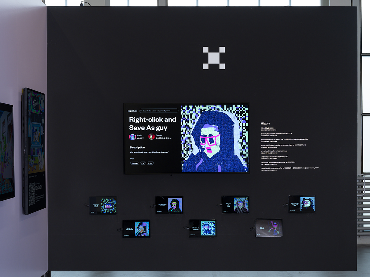 Installation view of DYOR—24 SEEDERS | XCOPY (featuring gremplin, JAKE THE DEGEN, Kristy Glas, Lumps, neurocolor, SHZZM and Zenoyis) at Kunsthalle Zürich. Photograph by Julien Gremaud © Kunsthalle Zürich