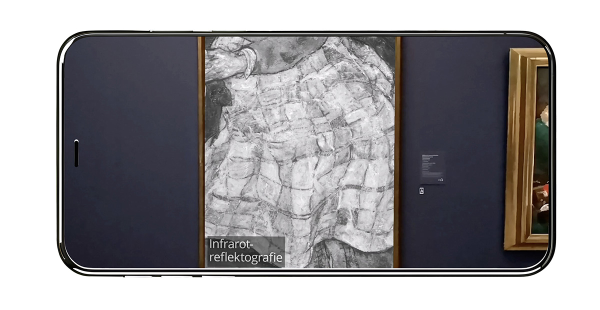 Screenshot of the Artivive overlay over Bildnis der Frau des Künstlers, Edith Schiele by Egon Schiele at Belvedere Museum, 2018. Screenshot by Florian Wiencek. Phoneframe by vector_corp on freepik.com. © Florian Wiencek
