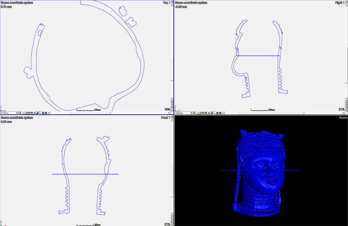 CT-Scan of Gedenkkopf (uhunmwun-elao) aus Udo, brass casting, 23,5 x 16,2 x 16,8 cm, Inv.-Nr.: 26228  © Museum für Völkerkunde Dresden, Staatliche Kunstsammlungen Dresden, CT by Fraunhofer IIS Fürth