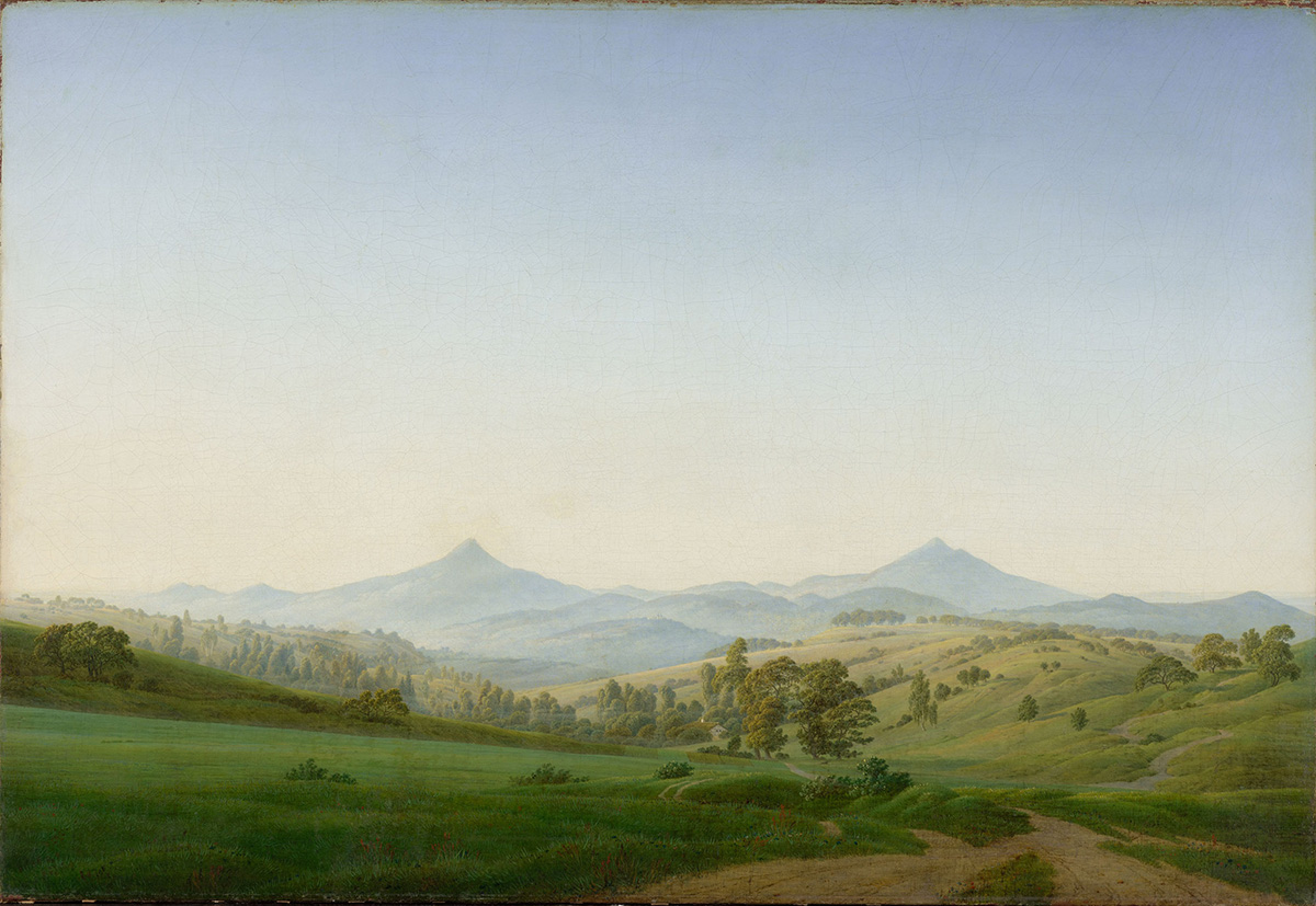 Caspar David Friedrich, Bohemian Landscape with Milešovka mountain, 1808, oil on canvas, 71 x 104,5 cm,  Gal.-Nr.: 2197 E © Albertinum, Staatliche Kunstsammlungen Dresden, Photography by: Estel/Klut