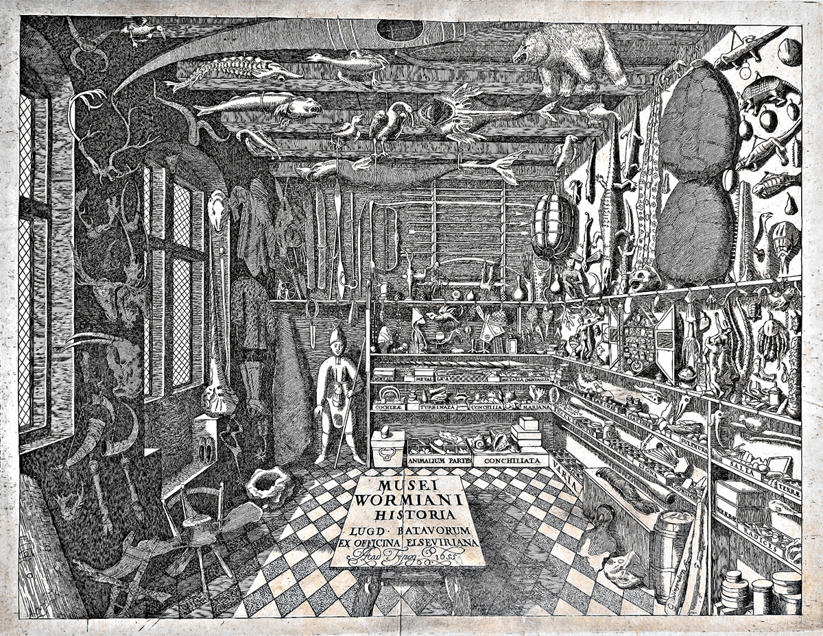 Ole Worm, Museum Wormianum, 1655, Frontispiece, Amsterdam, print by Ludwig and Daniel Elzevir.