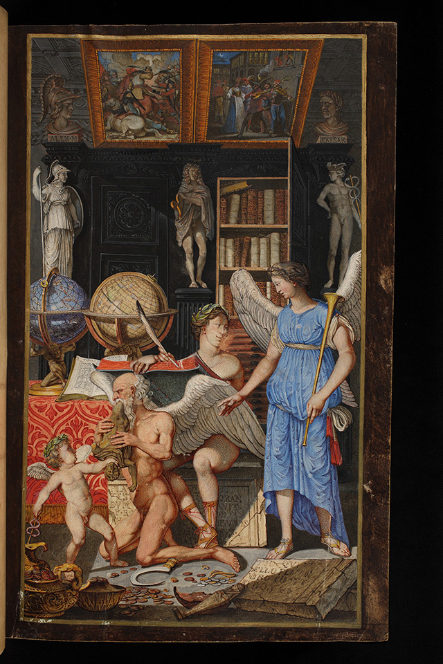 Allegorical representation of the Faesch Collection in the rector's register of the University of Basel for the year 1672 and the Rectorate of Christoph Faesch, the brother of the collection’s founder. Rektoratsmatrikel vol. 3 (1654–1764), UBH AN II 4a, fol. 47r.