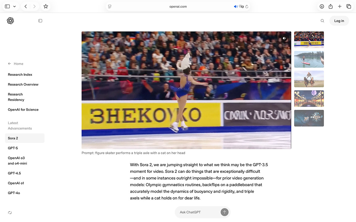 OpenAI 官方网站的截图，显示其最新的视频生成模型 Sora 2。