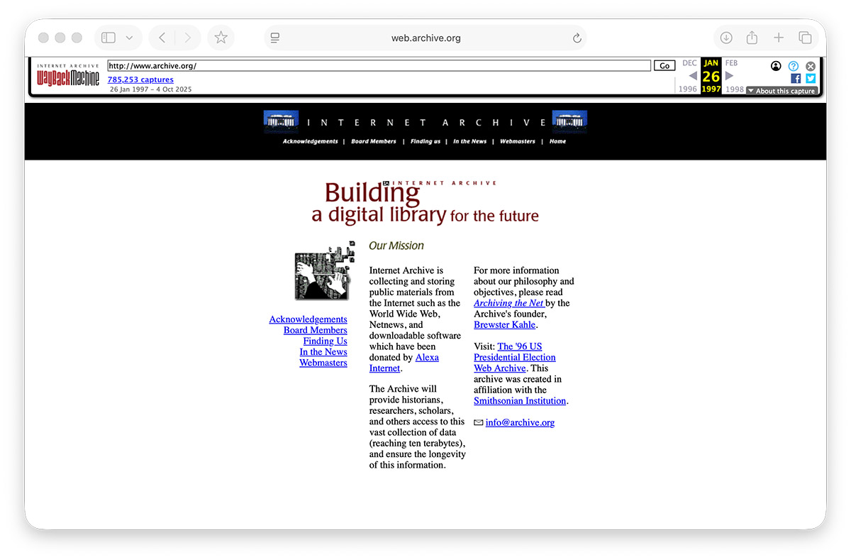 互联网档案馆（archive.org）的截图，显示其网站时光机（ Wayback Machine ）于 1997 年首次抓取该站首页的记录。