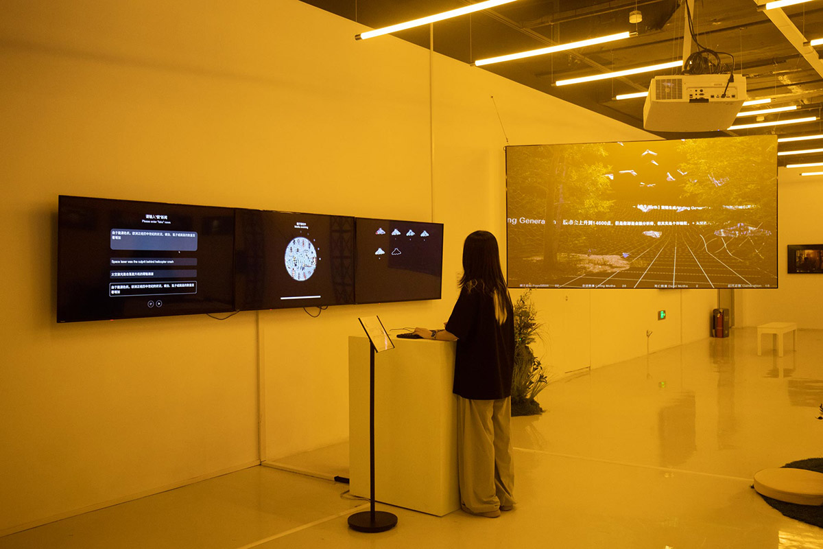 Wu Ziwei, Mimicry: Mimetic on Simulacra and Mimicry: News Ecosystem with audience interaction  in the exhibition Babel Bottle, 2025. Photograph by Wang Yini © Wang Yini, Wu Ziwei & Central Art Museum